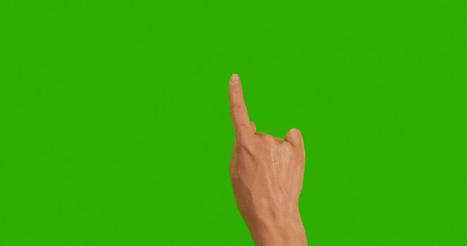 Gestures female Hand, a finger on a Green Background, One, green Screen, Chroma Key Close-up. Make symbols with hand on Greenscreen.