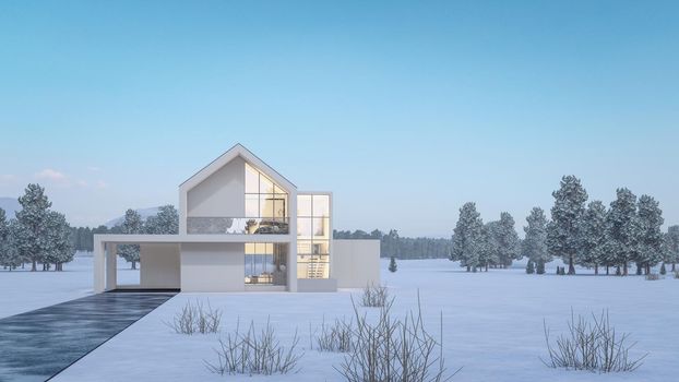 3D rendering illustration of modern house with Snow Landscape