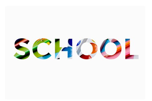 Colorful word school with images of school supplies and stationery inside the letters on a white background