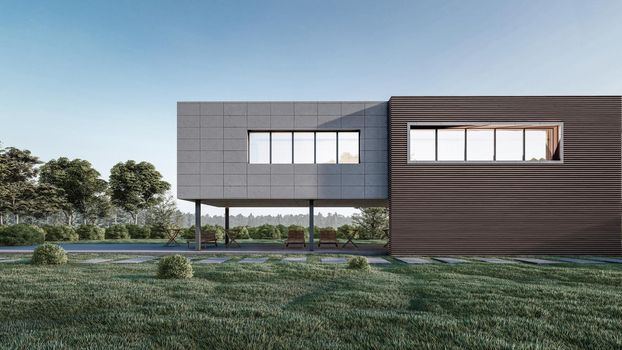 3D rendering illustration of modern house with natural Landscape