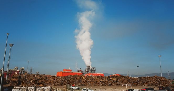 Wood factory in Sebes. Factory pumping out smoke in the morning