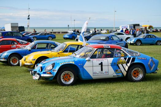 DIEPPE, FRANCE - MAY 29, 2022: Alpine cars modele 110 Berlinette V85 on the exposition Vintage and classic Cars.