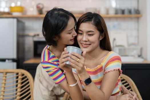 LGBT asian lesbian couple love moments happiness at home concept.