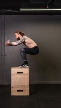 Box gym fitness workout man jump young fit doing jumping, for training sport from lifestyle from caucasian activity, people agility. Active power build, women