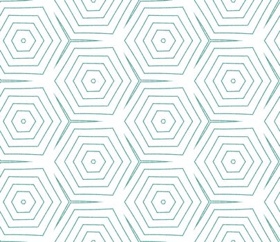 Ikat repeating swimwear design. Turquoise symmetrical kaleidoscope background. Textile ready favorable print, swimwear fabric, wallpaper, wrapping. Summer ikat sweamwear pattern.