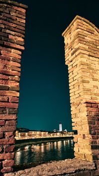 Verona, Italy - March 19, 2022: Beautiful photography of the Arena at Piazza Brà in Verona, a famous Roman amphitheater. Macro view of the old construction by day.