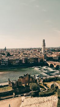 Verona, Italy - March 19, 2022: Beautiful photography of the Arena at Piazza Brà in Verona, a famous Roman amphitheater. Macro view of the old construction by day.