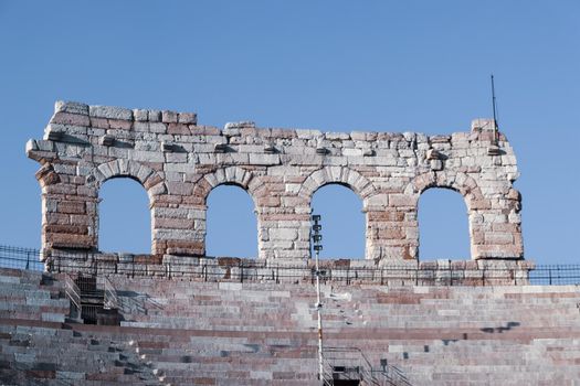 ROME, ITALY - February 05, 2022: Panoramic view around the Colosseum in city of Rome, Italy. Cold and gray sky in the background. Macro photography of the green parks with the old buildings.