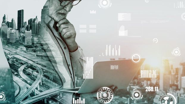 Future building construction and inventive engineering project concept with HUD hologram graphic design. Building engineer, architect people or construction worker works with modern civil technology.