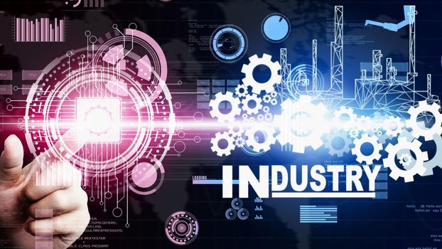 Futuristic industry 4.0 and inventive mechanized engineering concept with graphic user interface showing automation design, robot operation, usage of machine deep learning for future manufacturing.