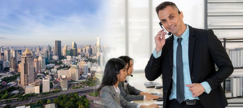 Business people wearing headset working in office to support remote customer or colleague. Call center, telemarketing, customer support agent provide service in broaden view .