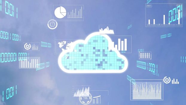 Cloud computing technology and online data storage for alteration data sharing . Computer connects to internet network server service for cloud data transfer shown in 3D futuristic graphic interface .