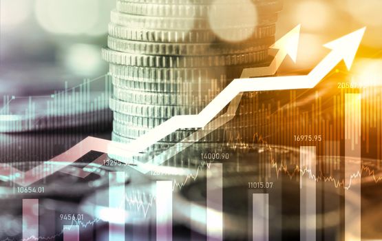 Finance and money technology background concept of business prosperity and asset management . Creative graphic show economy and financial growth by investment in valuable asset to gain wealth profit .