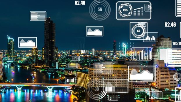 Business data analytic interface fly over smart city showing alteration future of business intelligence. Computer software and artificial intelligence are used to analyze big data for strategic plan .