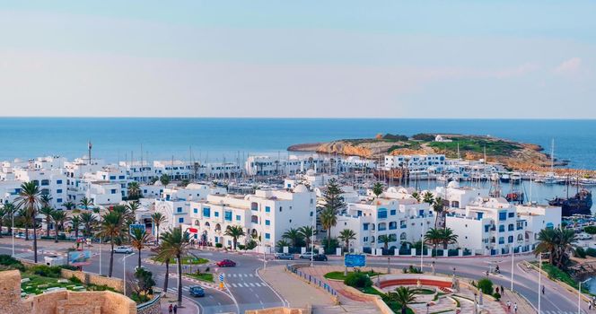 Tunisia, 2022: Aerial view of the port of Monastir and the Mediterranean sea, Parking lot in sea port. Africa beautiful destination