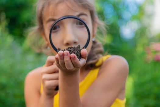 The child examines the ground with a magnifying glass. Selective focus. Nature.