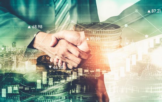 Business handshake on finance prosperity and money technology asset background . Economy and financial growth by investment in valuable stock market to gain wealth profit form currency trading