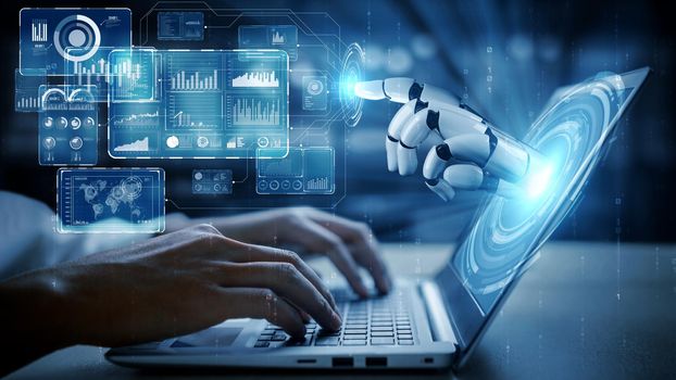 Futuristic robot artificial intelligence enlightening AI technology development and machine learning concept. Global robotic bionic science research for future of human life. 3D rendering graphic.