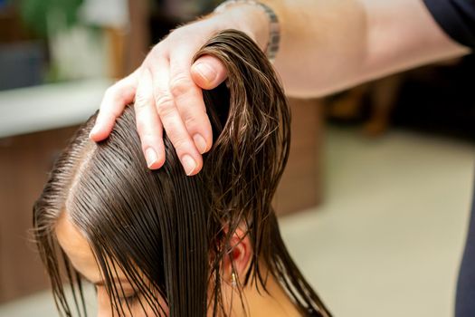 Young woman receiving treatment her hair by hands of professional hairdresser in hair salon