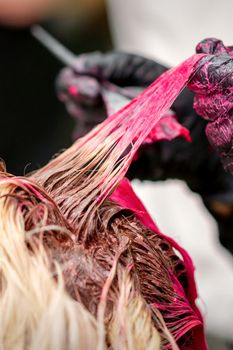 Close up shot of hair stylist dying hair of woman with pink dye in hair salon. Selective focus