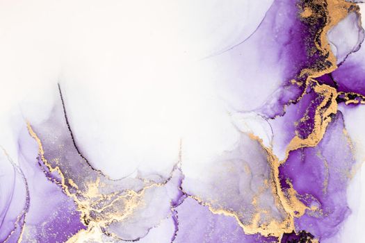 Purple gold abstract background of marble liquid ink art painting on paper . Image of original artwork watercolor alcohol ink paint on high quality paper texture .