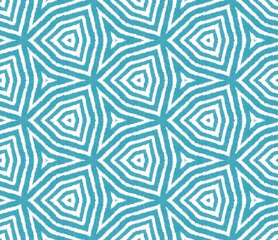 Ethnic hand painted pattern. Turquoise symmetrical kaleidoscope background. Summer dress ethnic hand painted tile. Textile ready fresh print, swimwear fabric, wallpaper, wrapping.