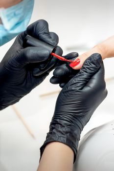 Professional manicure master painting female nails by red nail polish in nail salon