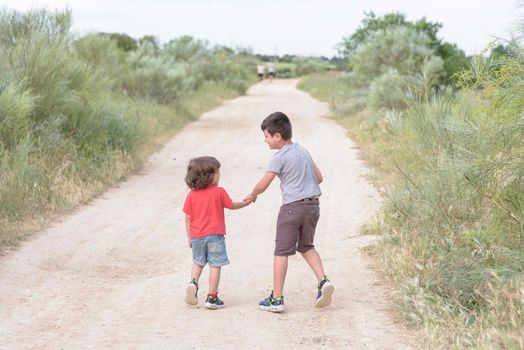 Two Caucasian brothers stroll through the countryside approaching storm clouds on a summer evening