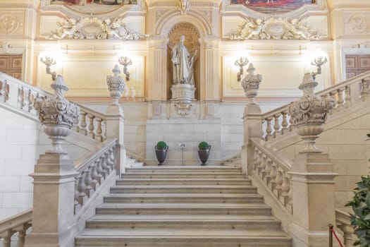 Turin, Italy - Circa January 2022: Royal Palace entrance - luxury elegant marble stairway