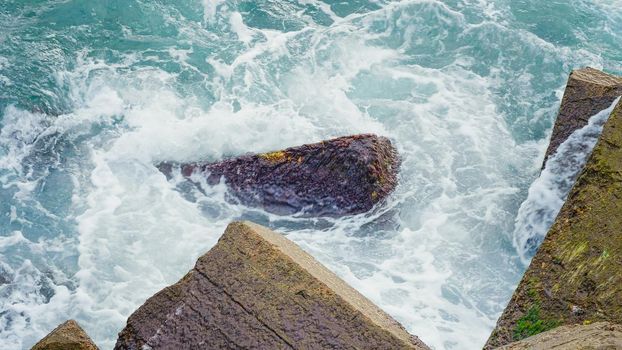 Black Sea waves hits coastline. Windy day with foamy waves.