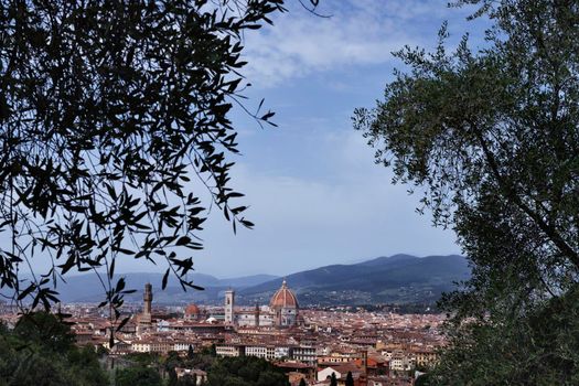 Landscape of Florence , Tuscany , Italy with  cathedral Santa Maria del Fiore , Giotto's bell tower and Brunelleschi dome