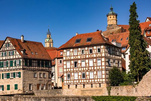 The historic old town of Schwaebisch Hall is well preserved and consists of a large number of towers and half-timbered houses