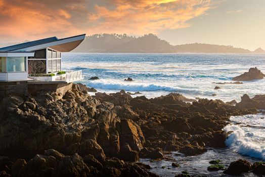 Carmel-by-the-sea, United States of America - November 1, 2016: Butterfly house on rocks at pacific ocean