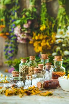 Tincture of medicinal herbs in bottles. Selective focus. Nature.