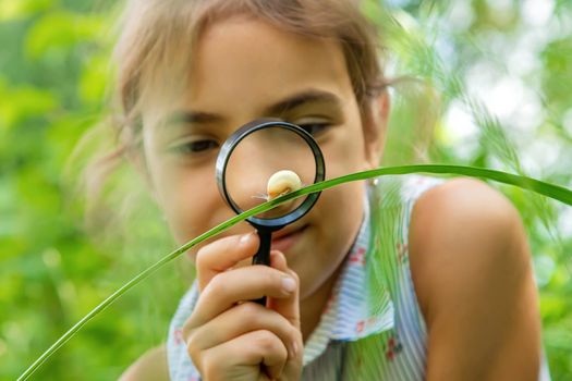 The child looks at the snail through a magnifying glass. Selective focus. Nature.