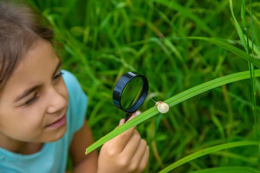 The child looks at the snail through a magnifying glass. Selective focus. Nature.