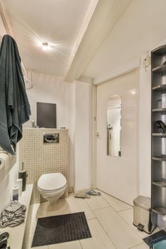 Interior of contemporary bathroom with shower, toilet and sink in minimal style in flat