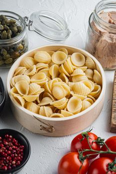 Tuna pasta shells ingredient, on white background
