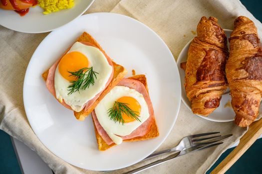 Hotel breakfast with eggs sandwich set