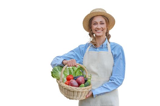 Woman dressed apron white background Farmer vegetables basket Agricultural concept Caucasian middle age Female business owner in uniform Happy one person smiling Time to advertise Banner