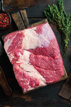 Point brisket, raw beef brisket meat set,with ingredients for smoking making barbecue, pastrami, cure, on old dark wooden table background, top view flat lay