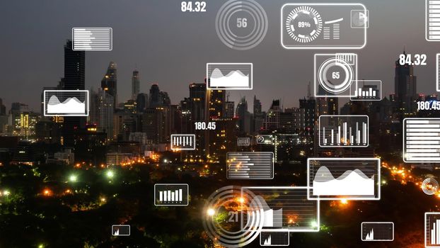 Business data analytic interface fly over smart city showing alteration future of business intelligence. Computer software and artificial intelligence are used to analyze big data for strategic plan .