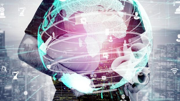 Future building construction and inventive engineering project concept with HUD hologram graphic design. Building engineer, architect people or construction worker works with modern civil technology.