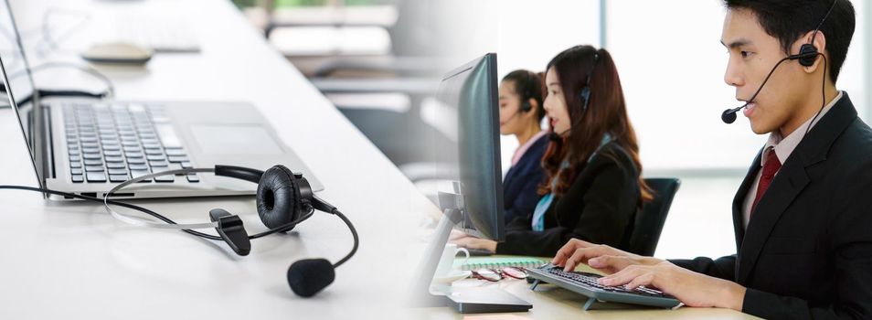 Business people wearing headset working in office in widen view to support remote customer or colleague. Call center, telemarketing, customer support agent provide service on telephone video call.