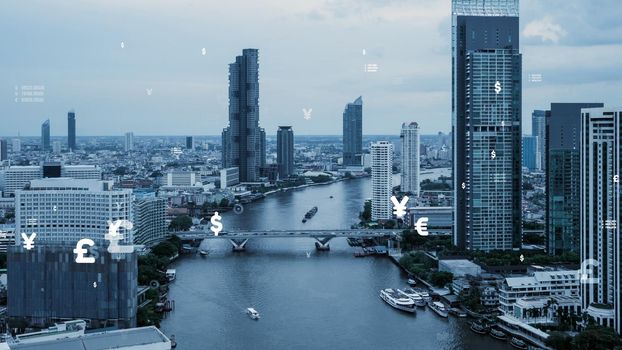 Business data analytic interface fly over smart city showing alteration future of business intelligence. Computer software and artificial intelligence are used to analyze big data for strategic plan .