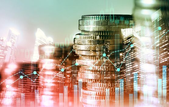 Finance and money technology background concept of business prosperity and asset management . Creative graphic show economy and financial growth by investment in valuable asset to gain wealth profit .