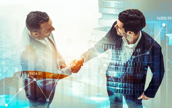 Business handshake on finance prosperity and money technology asset background . Economy and financial growth by investment in valuable stock market to gain wealth profit form currency trading