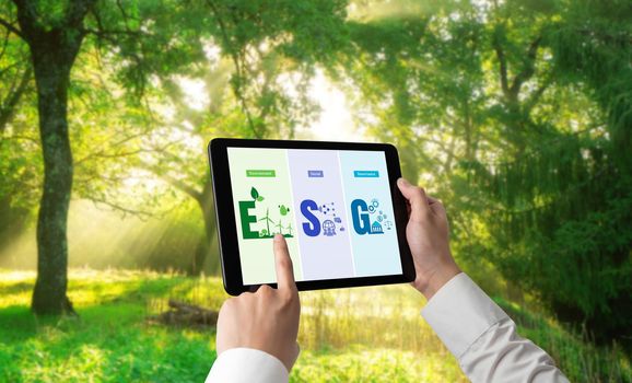 Green business transformation for environment saving and ESG business concept. Businessman using tablet to set corporate goal toward environmental friendly management and alternative clean energy use.