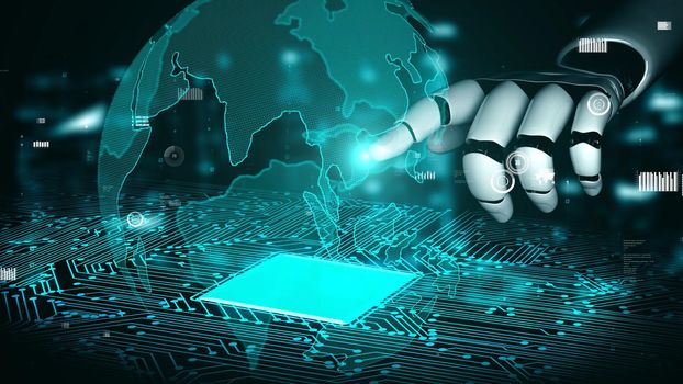 Futuristic robot artificial intelligence enlightening AI technology development and machine learning concept. Global robotic bionic science research for future of human life. 3D rendering graphic.