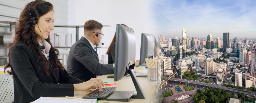 Business people wearing headset working in office to support remote customer or colleague. Call center, telemarketing, customer support agent provide service in broaden view .